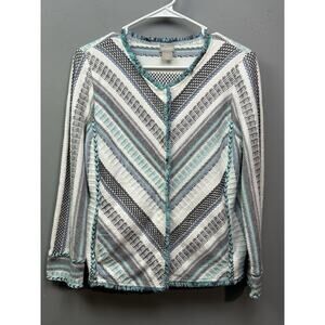 Chico's Structured Striped Fringe Cardigan Jacket Womens‎ sz 1 Medium Blue White